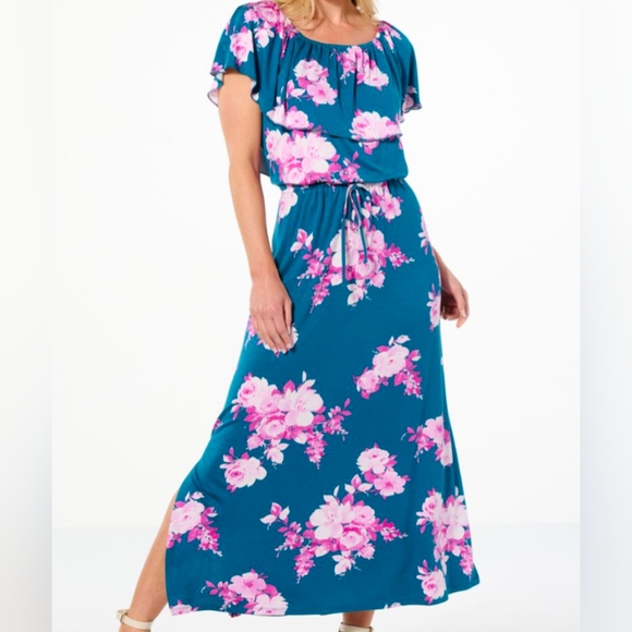 Colleen Lopez Plus Size 2x Blue and Pink Floral Maxi Dress - Picture 1 of 2